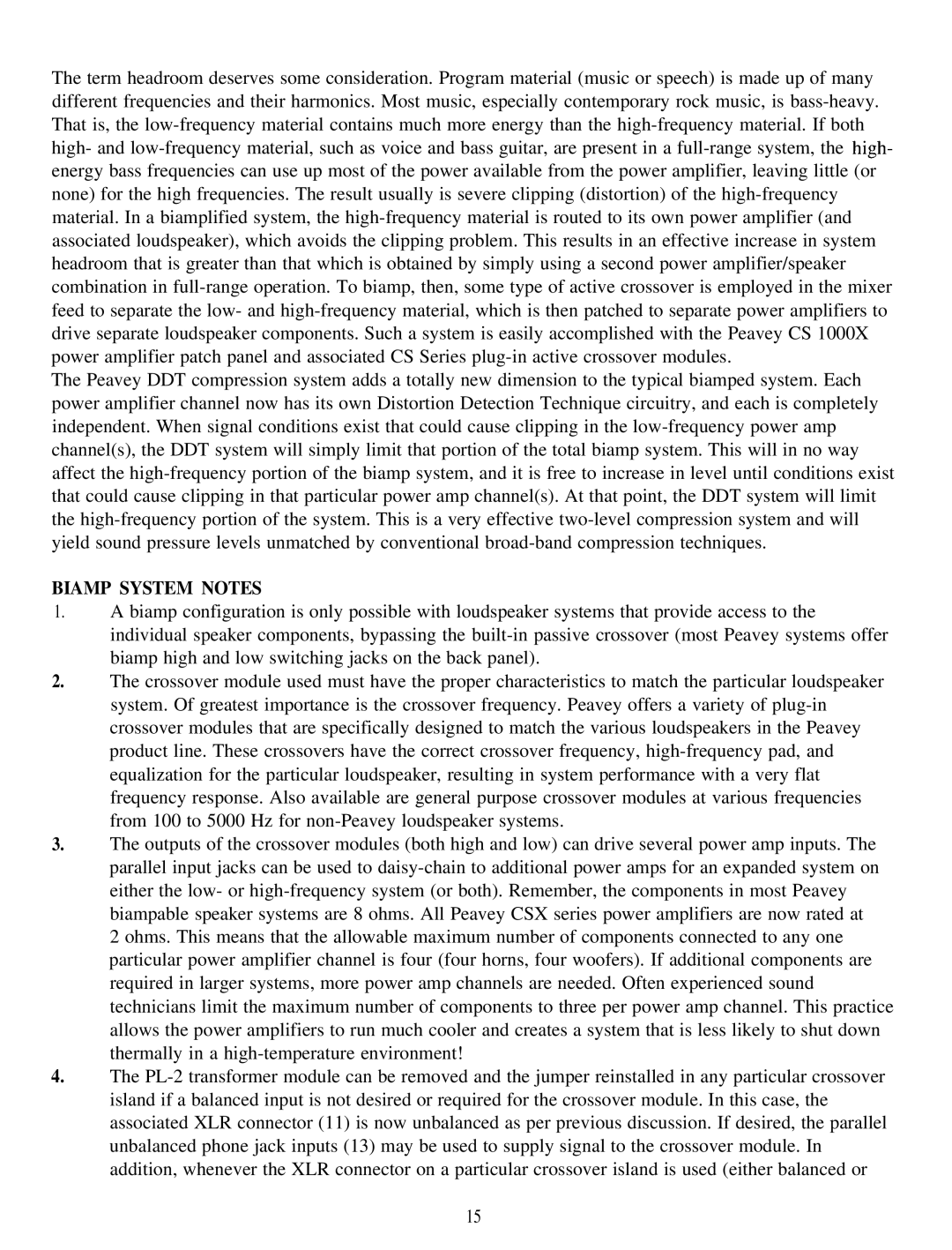 Peavey CS 1000X manual Biamp System Notes 