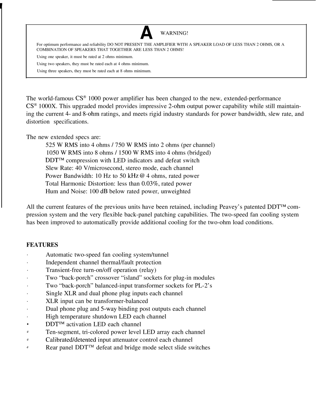 Peavey CS 1000X manual Features 