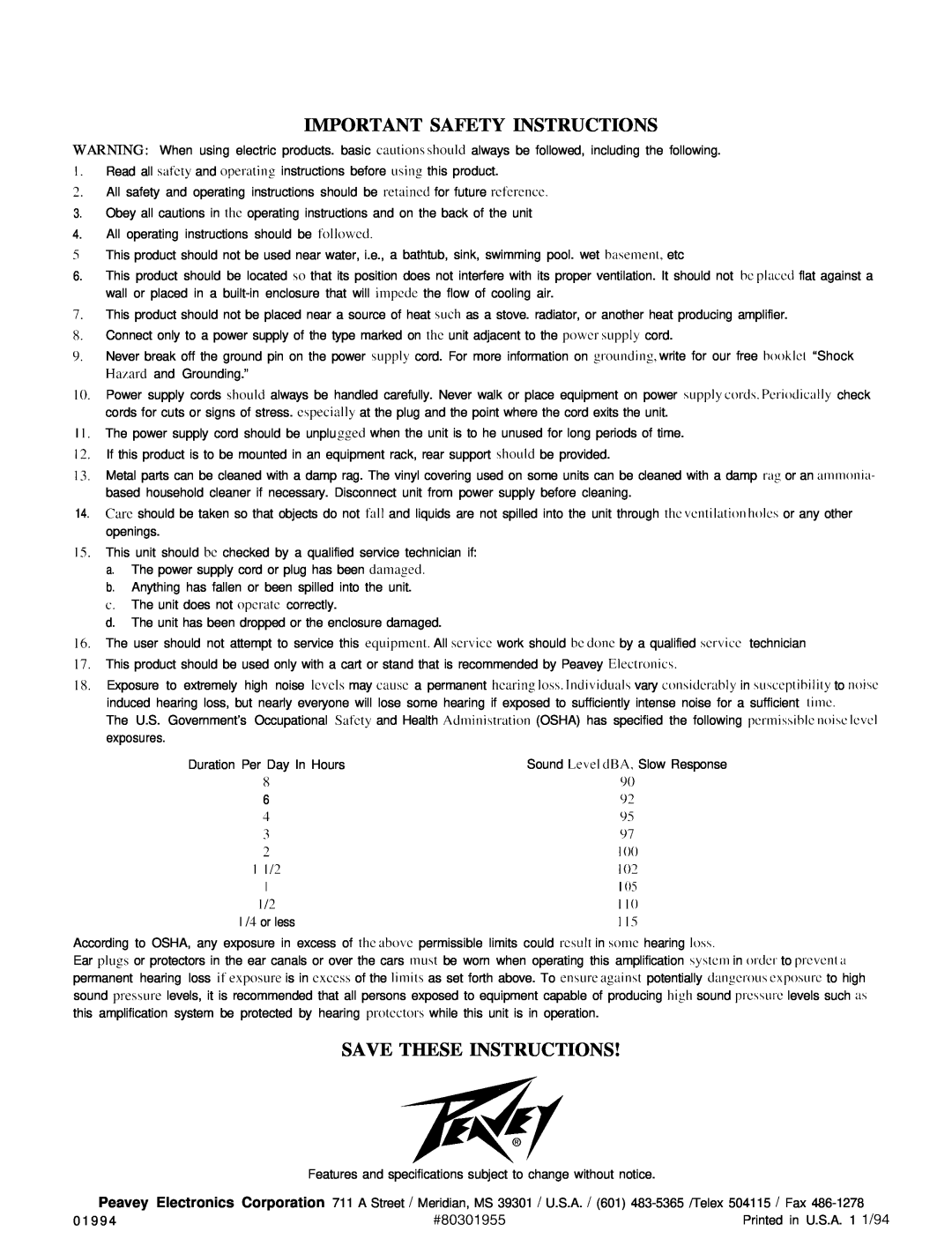 Peavey CS 1000X manual Important Safety Instructions, Save These Instructions 