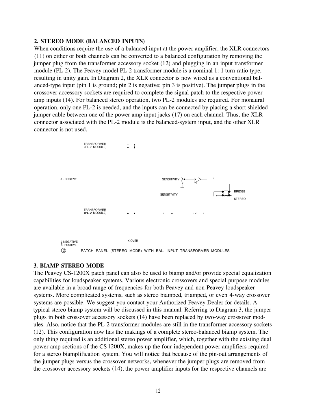 Peavey CS 1200X manual Stereo Mode Balanced Inputs, Biamp Stereo Mode 