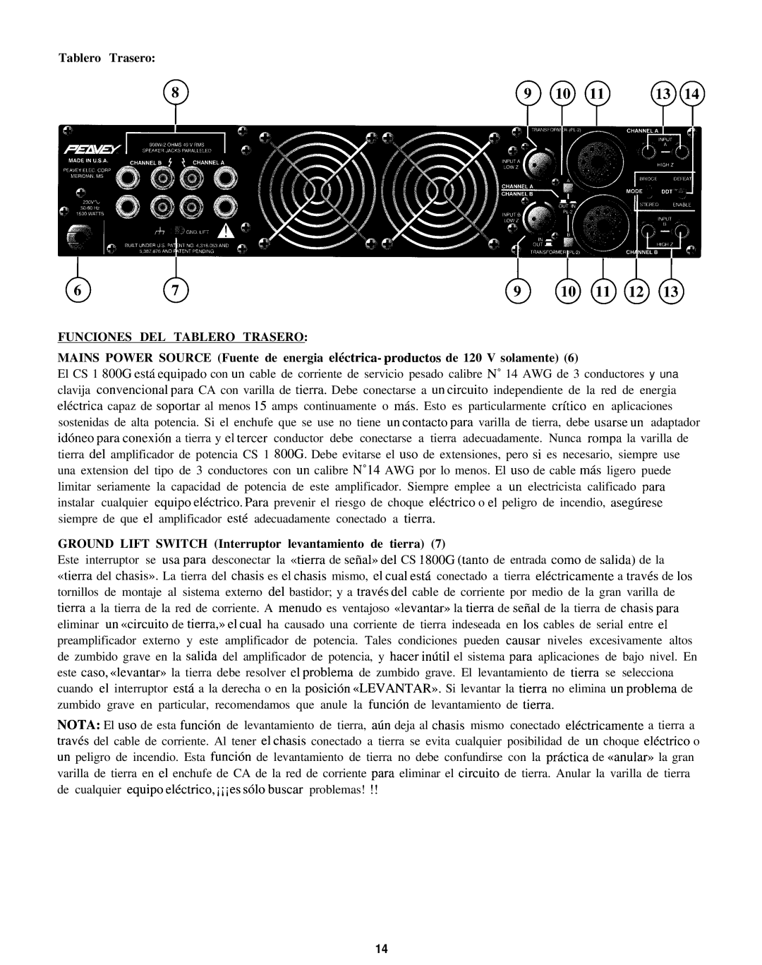 Peavey CS 1800G manual Funciones DEL Tablero Trasero, Ground Lift Switch Interruptor levantamiento de tierra 