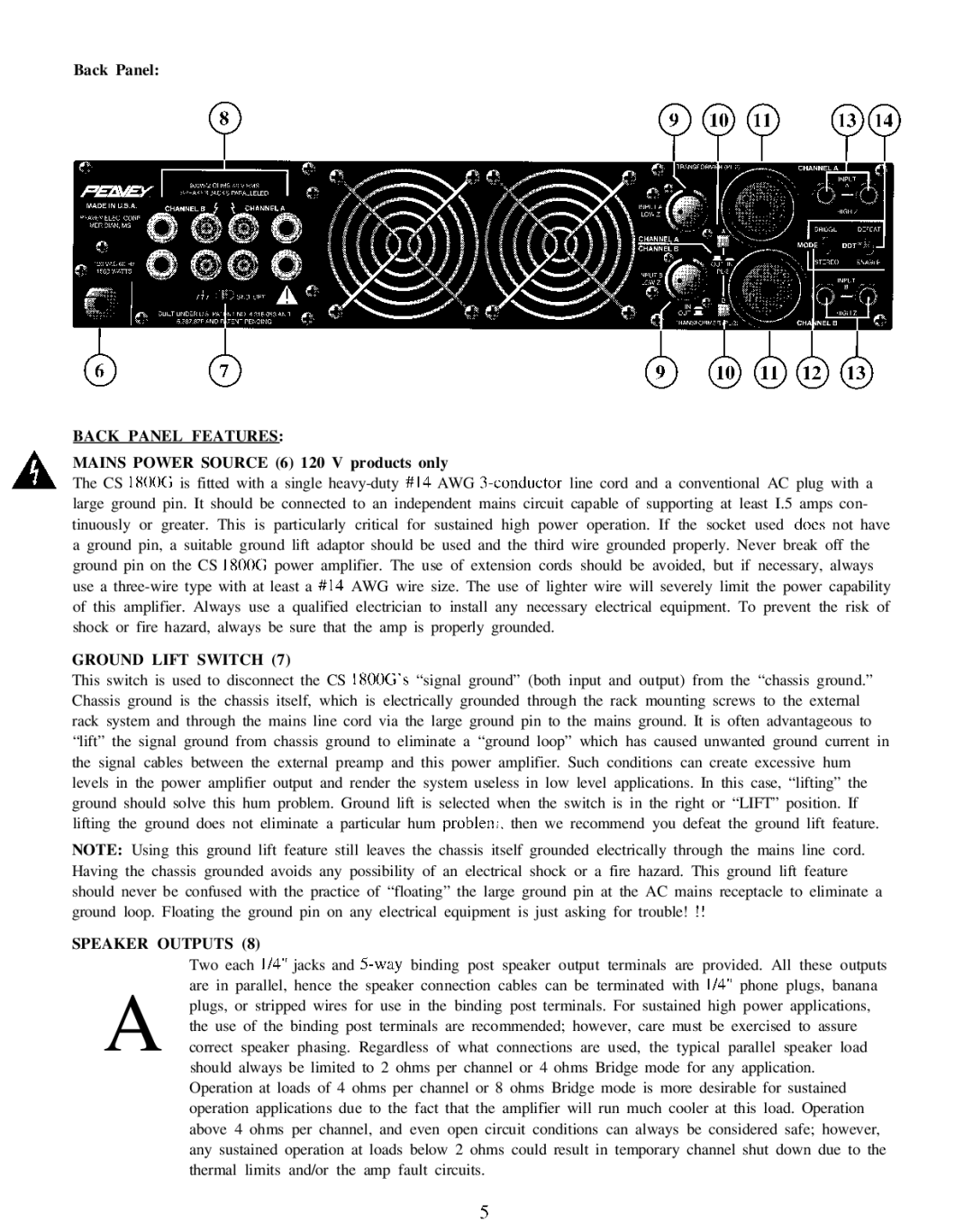 Peavey CS 1800G Back Panel Features, Mains Power Source 6 120 V products only, Ground Lift Switch, Speaker Outputs 