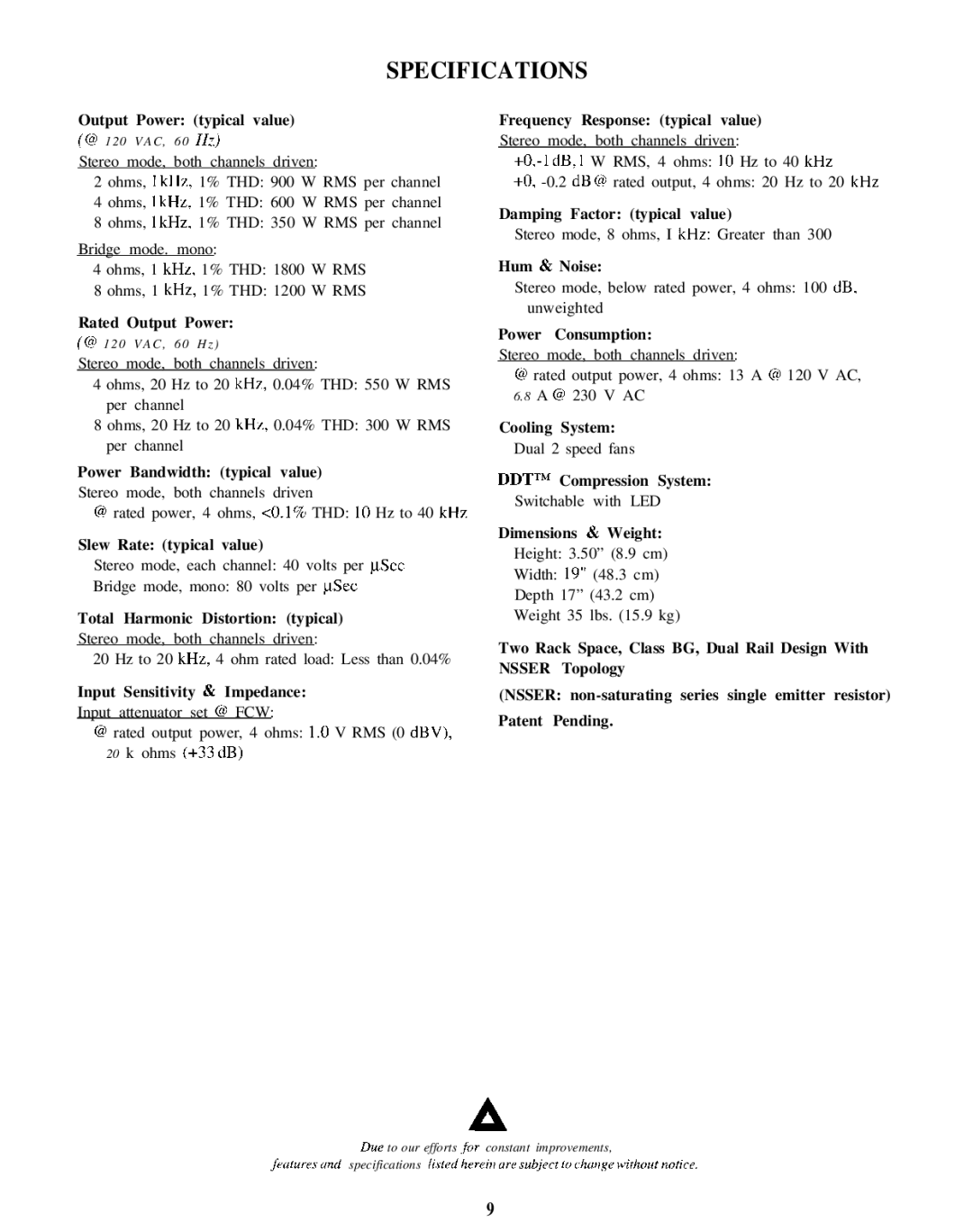 Peavey CS 1800G Output Power typical value, Rated Output Power, Power Bandwidth typical value, Slew Rate typical value 