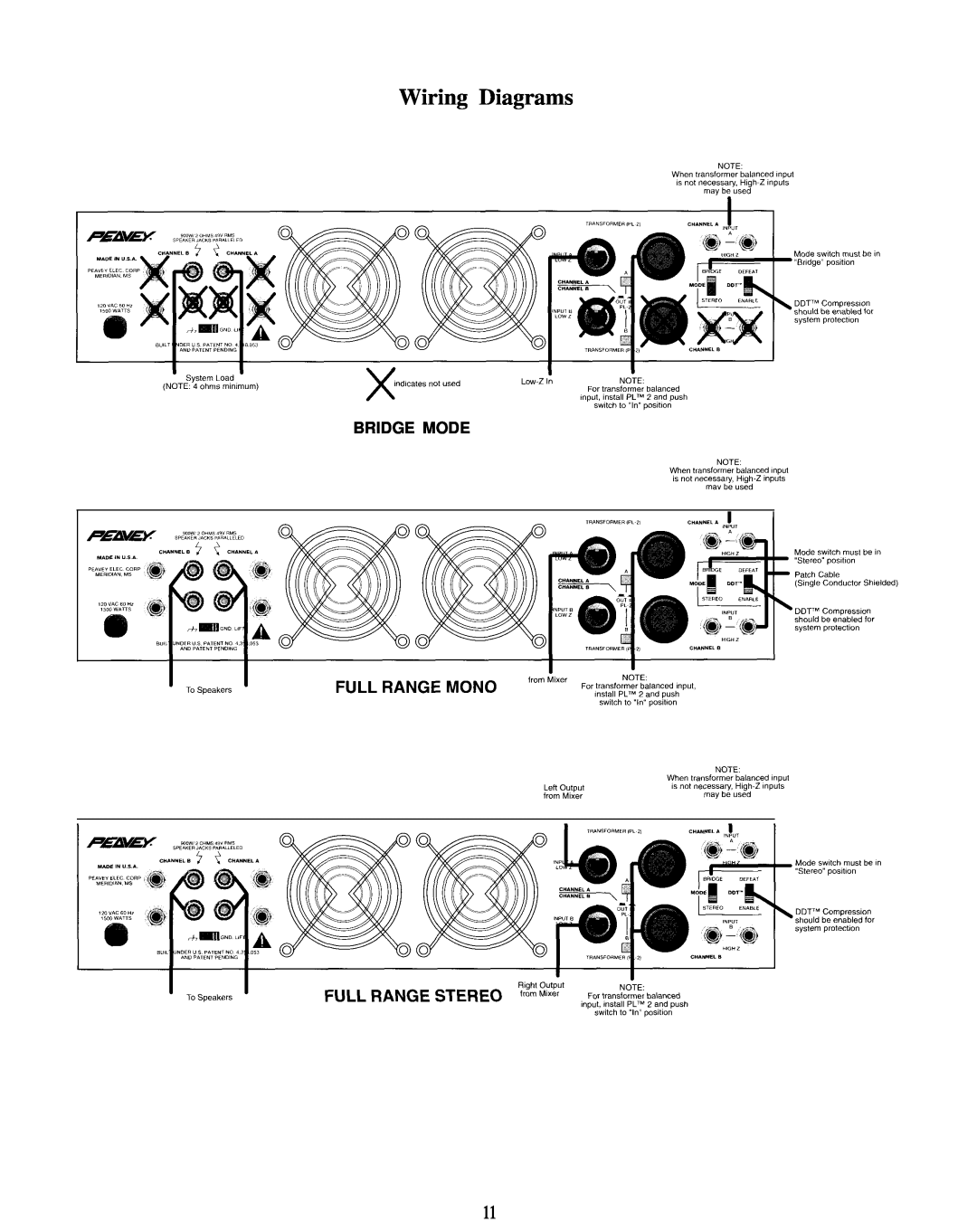 Peavey CS 1800G manual Wiring Diagrams, Bridge Mode 