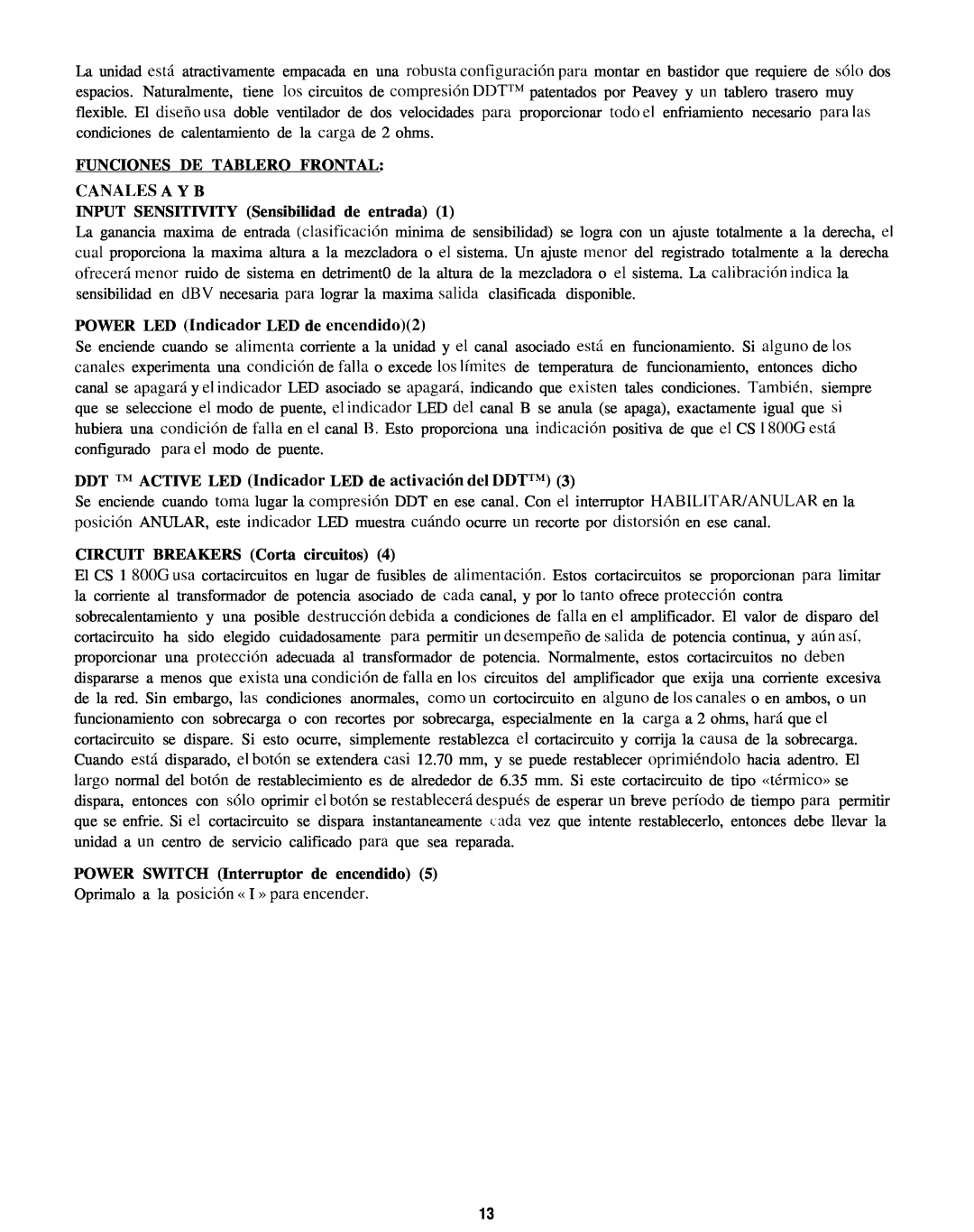 Peavey CS 1800G manual Funciones De Tablero Frontal Canales A Y B, INPUT SENSITIVITY Sensibilidad de entrada 