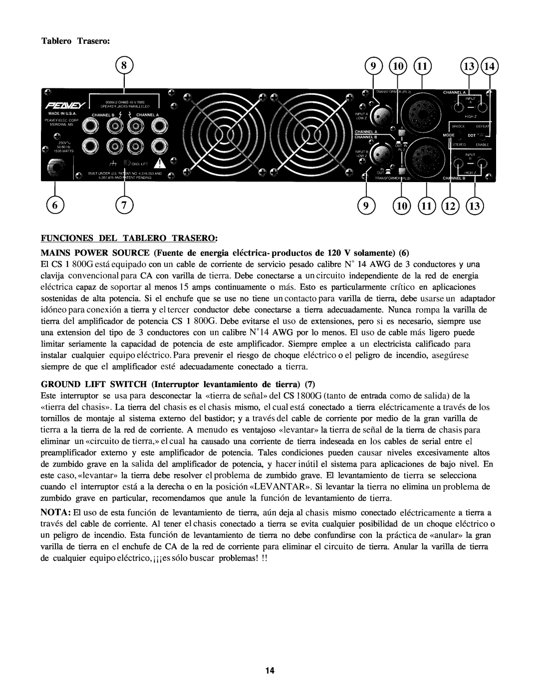 Peavey CS 1800G manual Tablero Trasero FUNCIONES DEL TABLERO TRASERO 