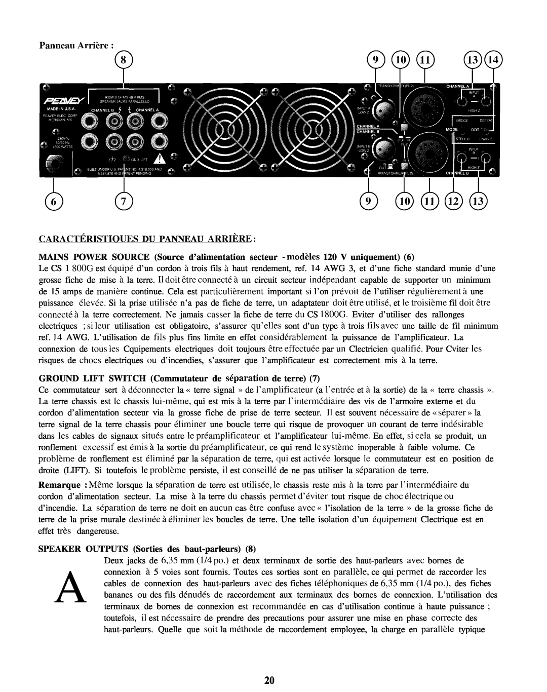 Peavey CS 1800G manual CARACTtiRISTIOUES DU PANNEAU ARRItiRE, SPEAKER OUTPUTS Sorties des baut-parleurs8 
