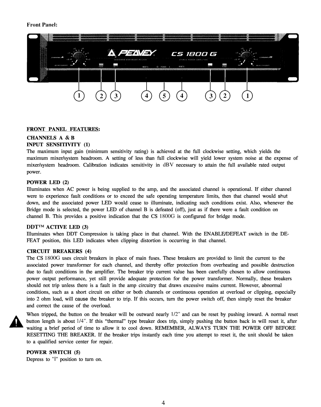 Peavey CS 1800G Front Panel Features Channels A & B, Input Sensitivity, Power Led, Ddttm Active Led, Circuit Breakers 