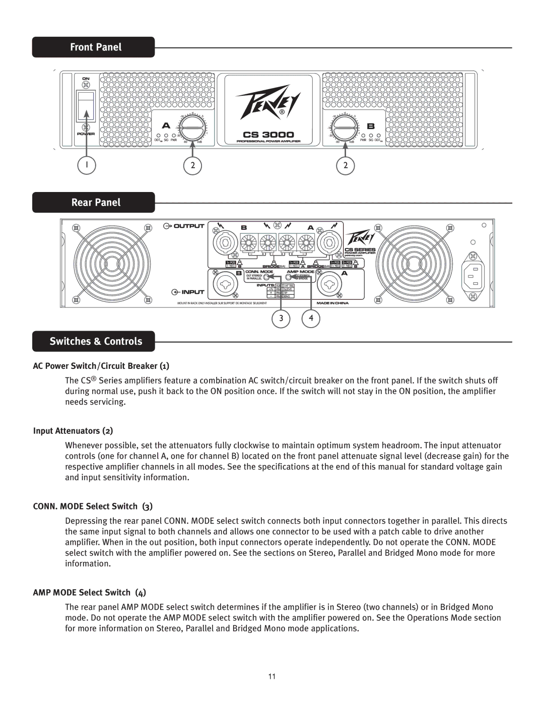 Peavey CS 4080 HZ, CS 3000 Front Panel Rear Panel Switches & Controls, AC Power Switch/Circuit Breaker, Input Attenuators 