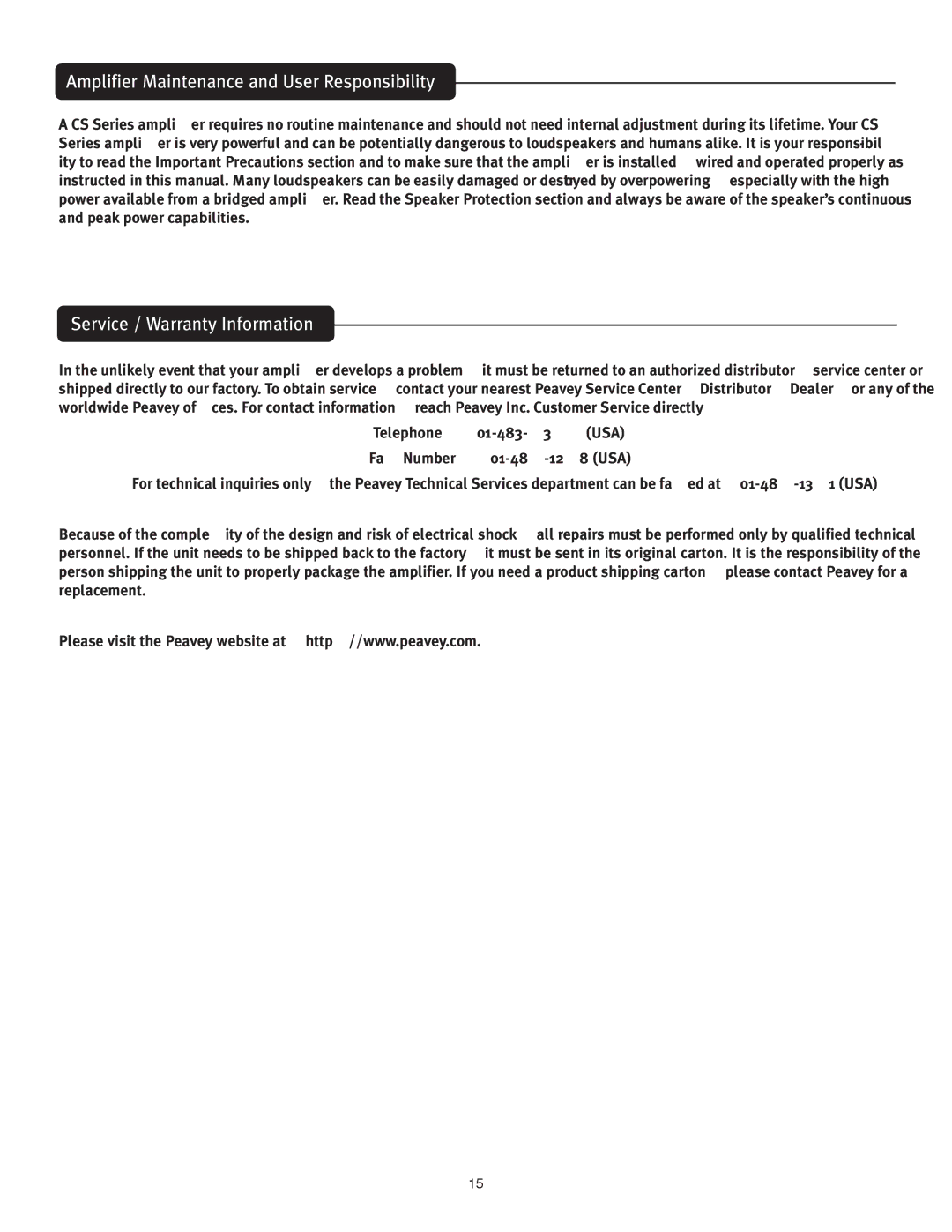 Peavey CS 4080 HZ, CS 3000 owner manual Amplifier Maintenance and User Responsibility, Service / Warranty Information 