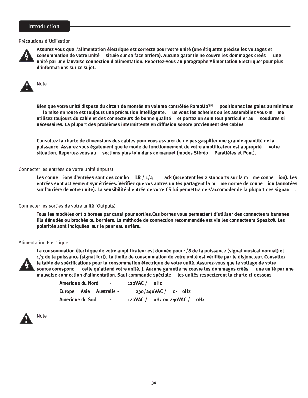 Peavey CS 3000, CS 4080 HZ Précautions d’Utilisation, Connecter les entrées de votre unité Inputs, Alimentation Electrique 