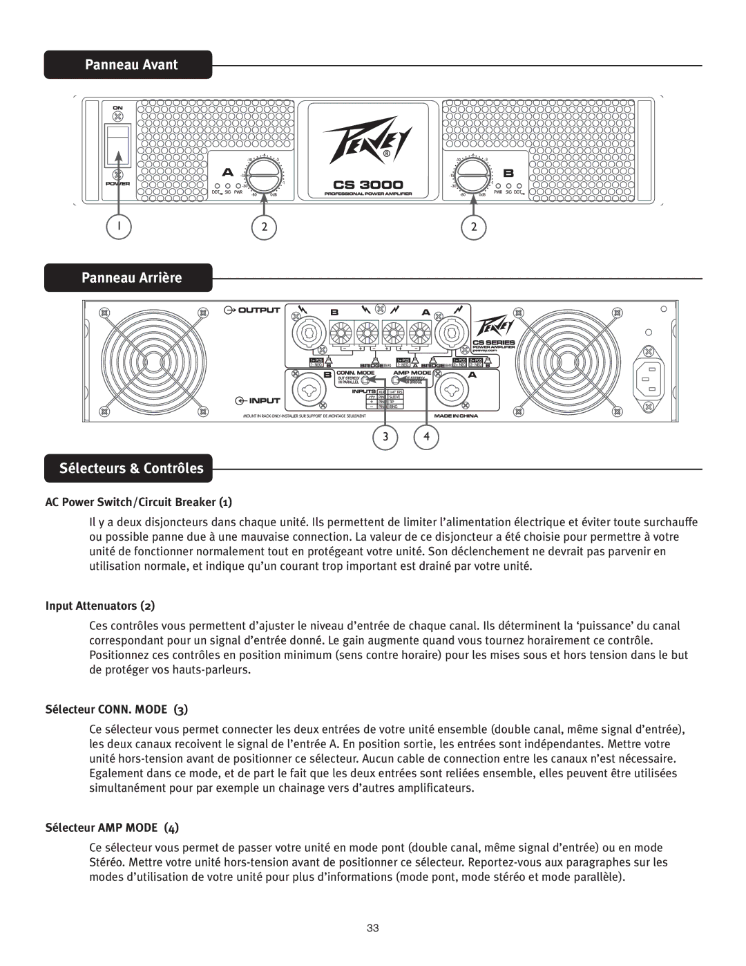 Peavey CS 4080 HZ, CS 3000 Panneau Avant Panneau Arrière Sélecteurs & Contrôles, Sélecteur CONN. Mode, Sélecteur AMP Mode 