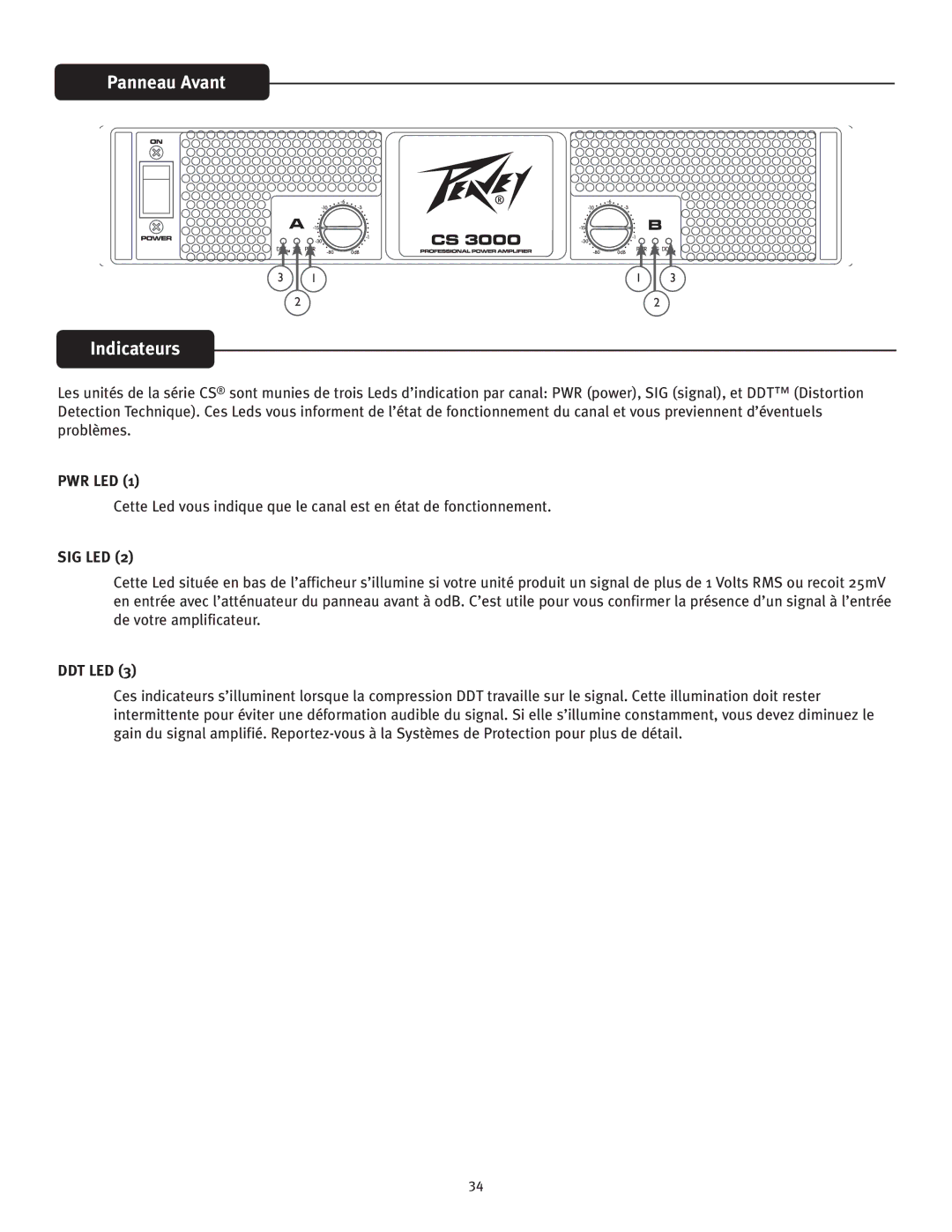 Peavey CS 3000, CS 4080 HZ owner manual Panneau Avant Indicateurs 