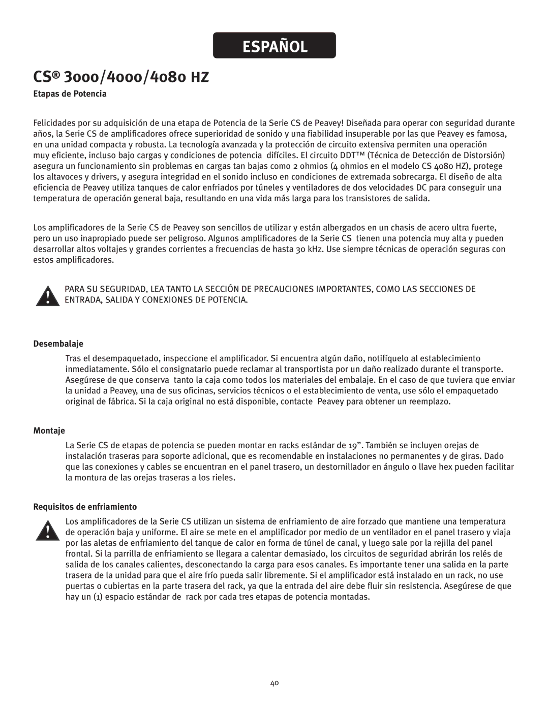 Peavey CS 3000, CS 4080 HZ owner manual Etapas de Potencia, Desembalaje, Montaje, Requisitos de enfriamiento 