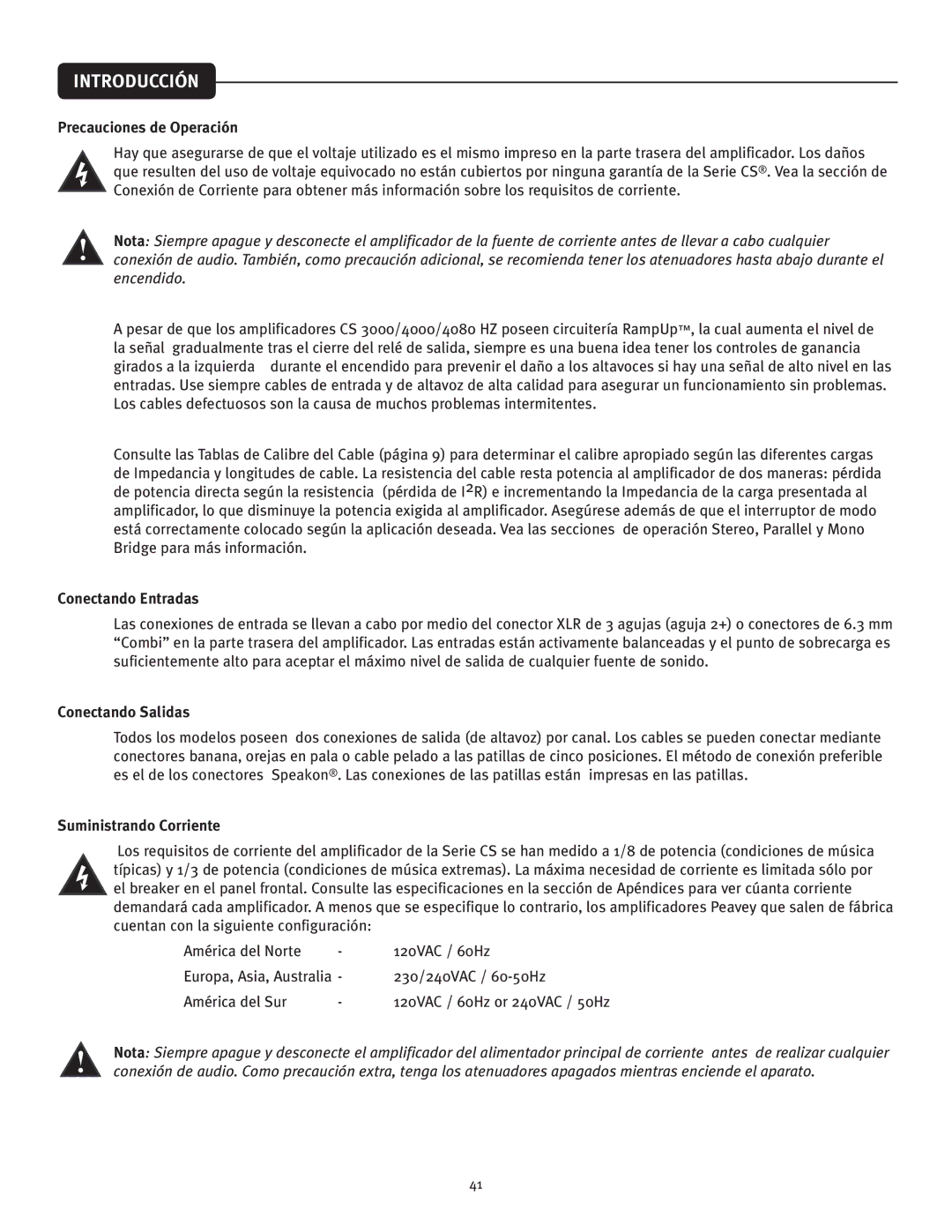 Peavey CS 4080 HZ, CS 3000 owner manual Introducción, Precauciones de Operación, Conectando Entradas, Conectando Salidas 