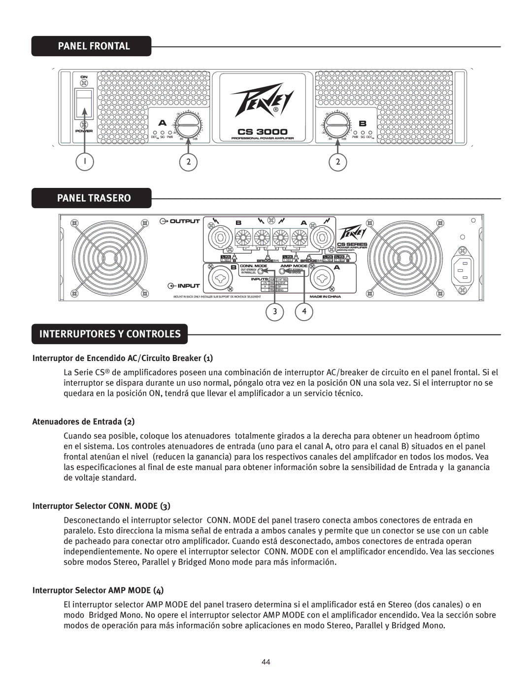 Peavey CS 3000 Panel Frontal Panel Trasero Interruptores Y Controles, Interruptor de Encendido AC/Circuito Breaker 