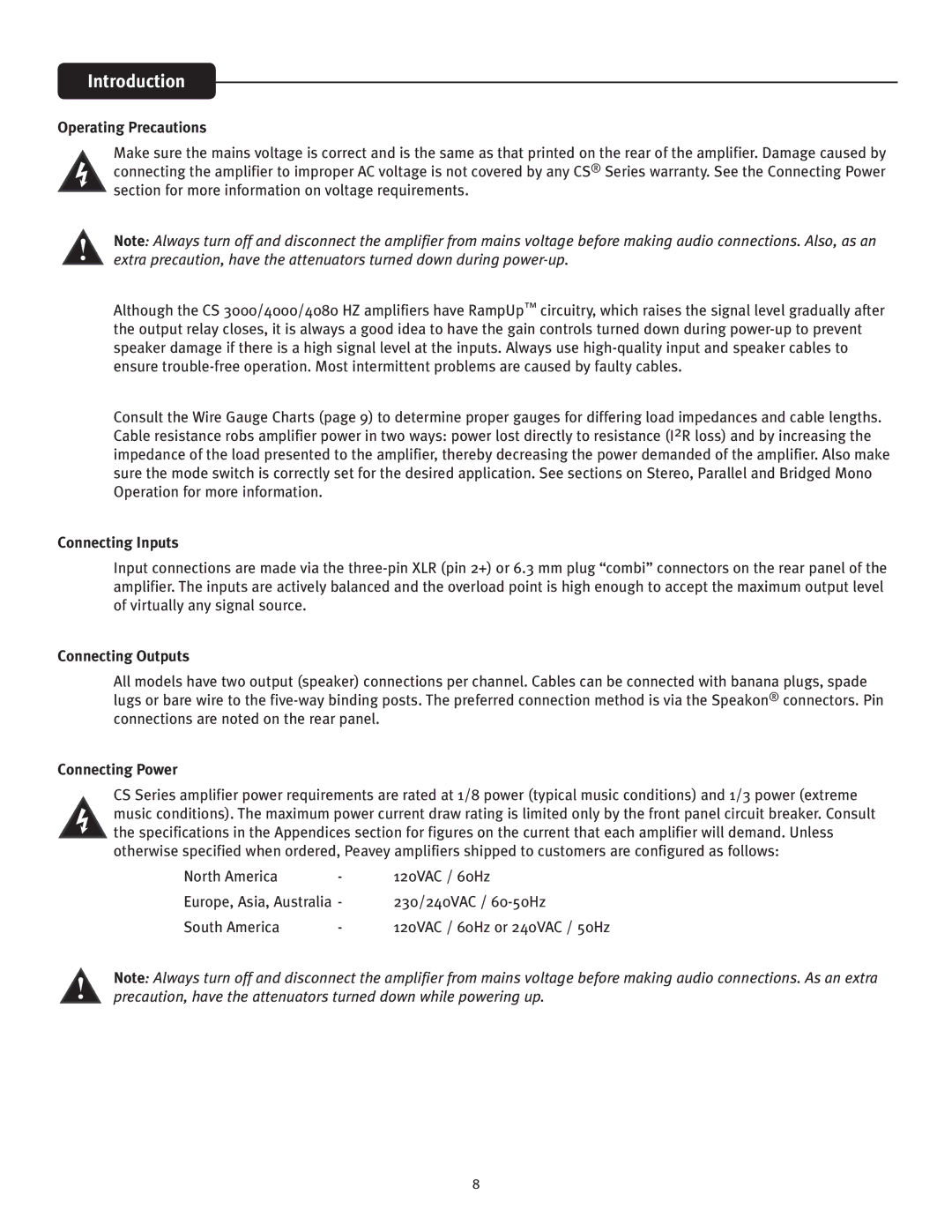Peavey CS 3000, CS 4080 HZ Introduction, Operating Precautions, Connecting Inputs, Connecting Outputs, Connecting Power 
