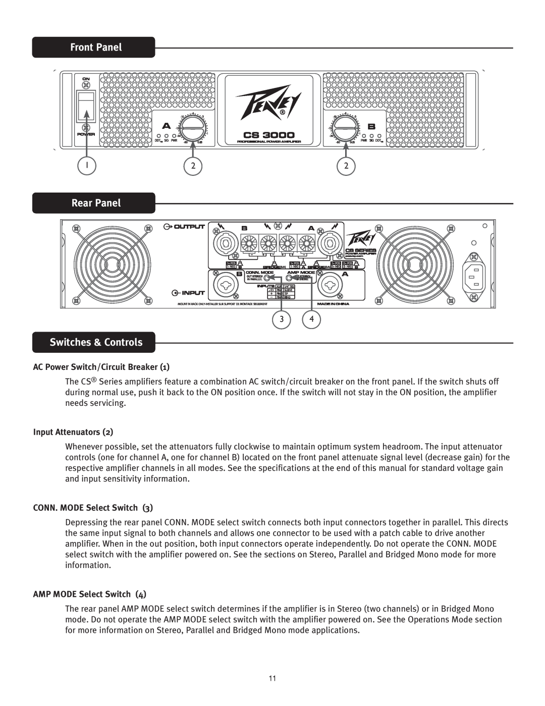 Peavey CS 4080 HZ Front Panel, Rear Panel, Switches & Controls, AC Power Switch/Circuit Breaker, Input Attenuators 