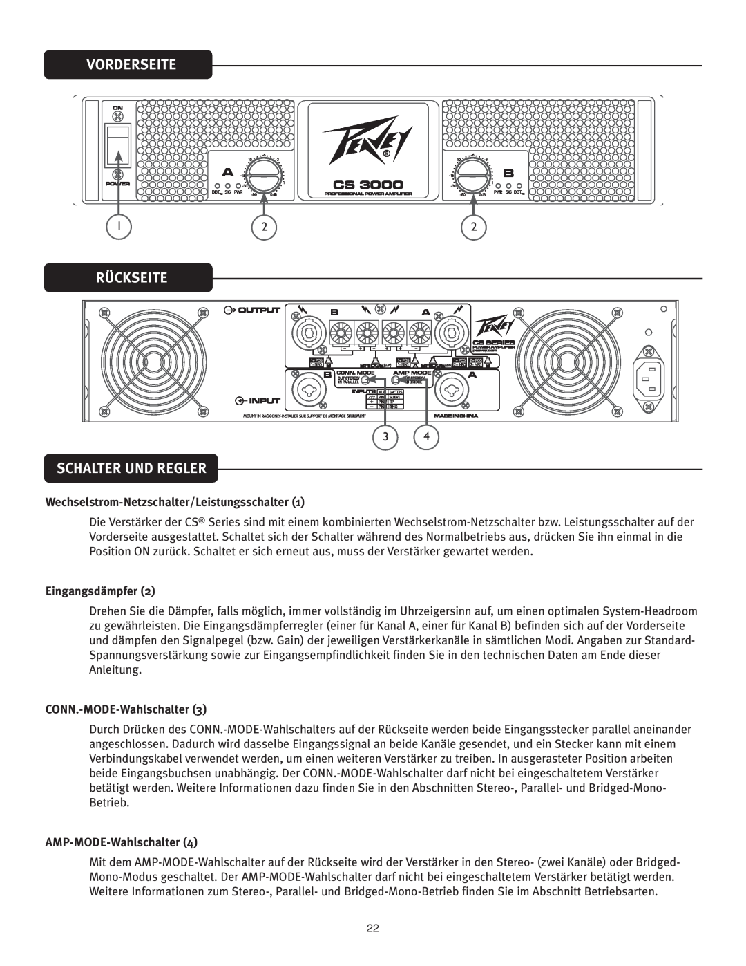 Peavey CS 3000 Vorderseite, Rückseite, Schalter Und Regler, Wechselstrom-Netzschalter/Leistungsschalter1, Eingangsdämpfer 