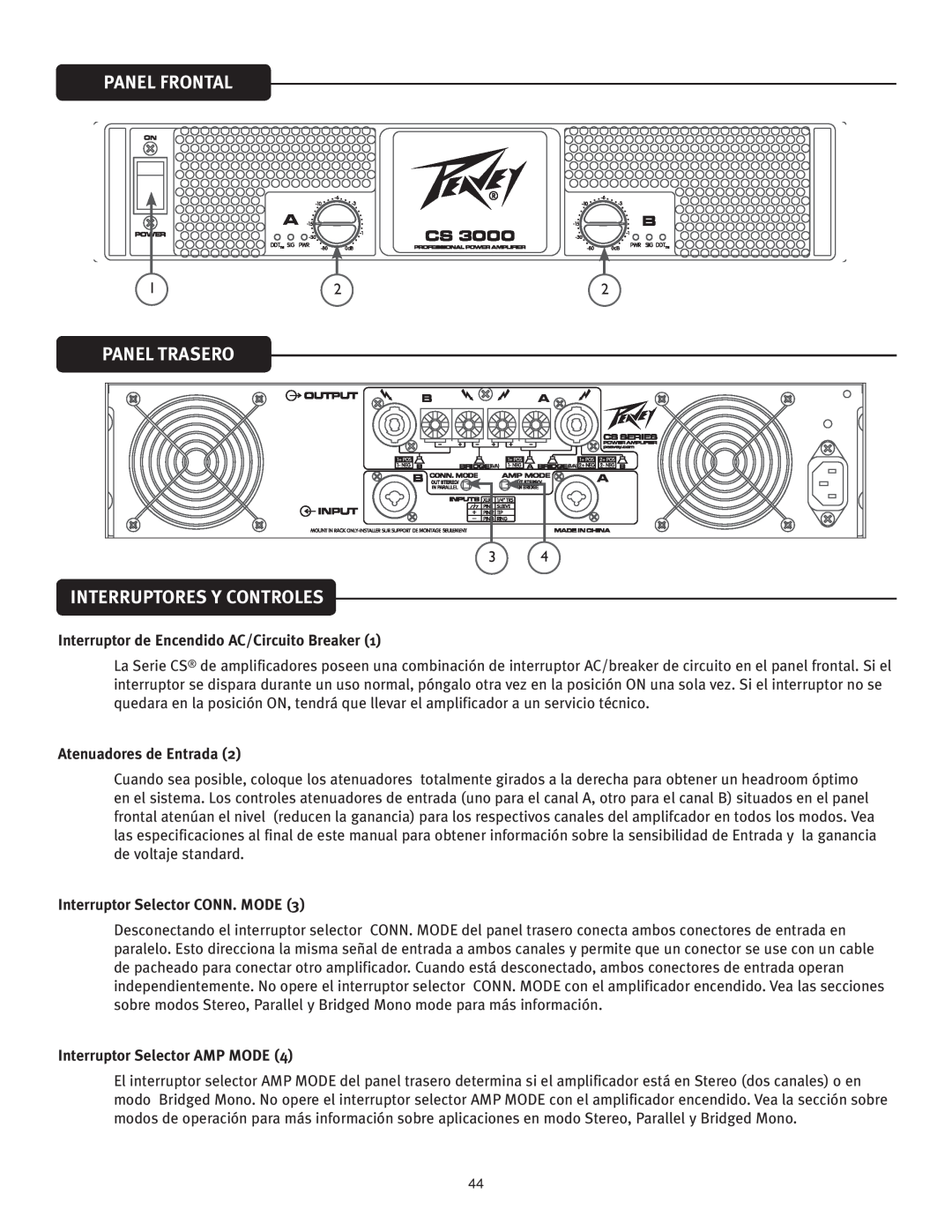 Peavey CS 3000 Panel Frontal, Panel Trasero, Interruptores Y Controles, Interruptor de Encendido AC/Circuito Breaker 