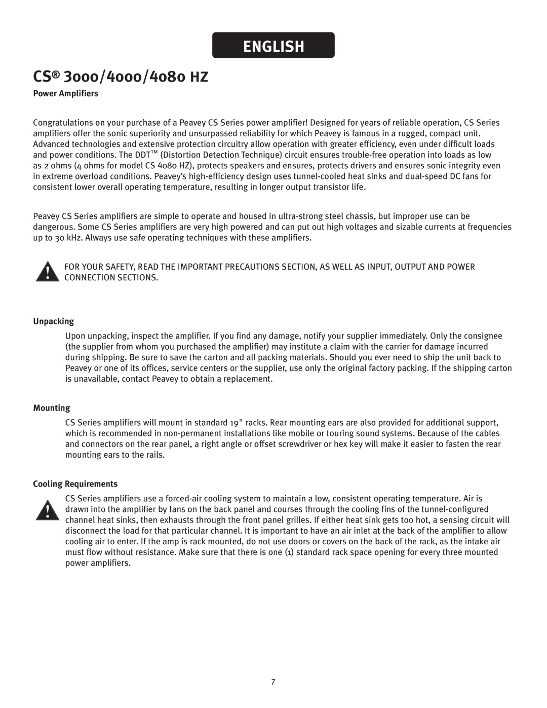 Peavey CS 4080, CS 4000 owner manual Power Amplifiers, Unpacking, Mounting, Cooling Requirements 