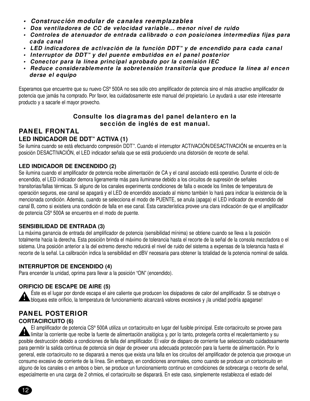 Peavey CS 500S LED Indicador DE Encendido, Sensibilidad DE Entrada, Interruptor DE Encendido, Orificio DE Escape DE Aire 