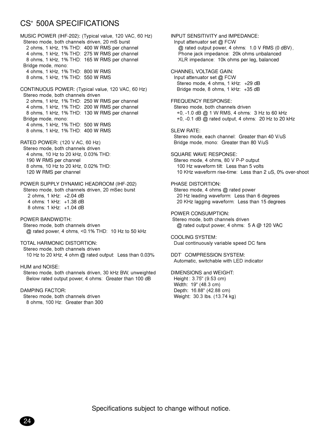 Peavey CS 500S, CS 500A, CS 800S, 80304543 manual CS¨ 500A Specifications 