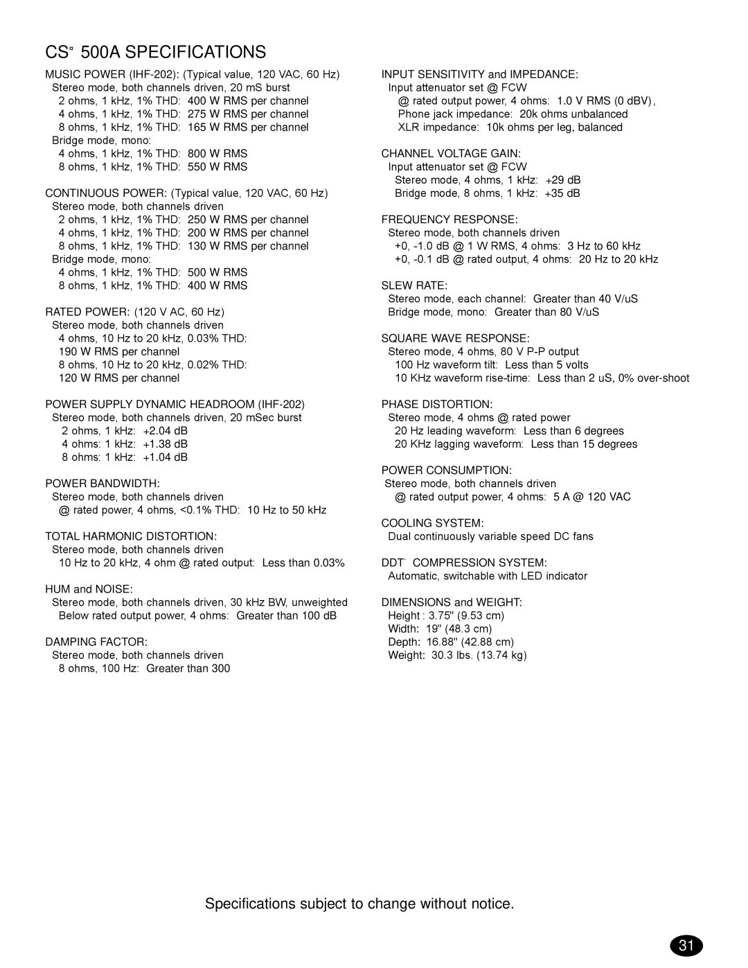 Peavey 80304543, CS 500S, CS 500A, CS 800S manual CS¨ 500A Specifications 