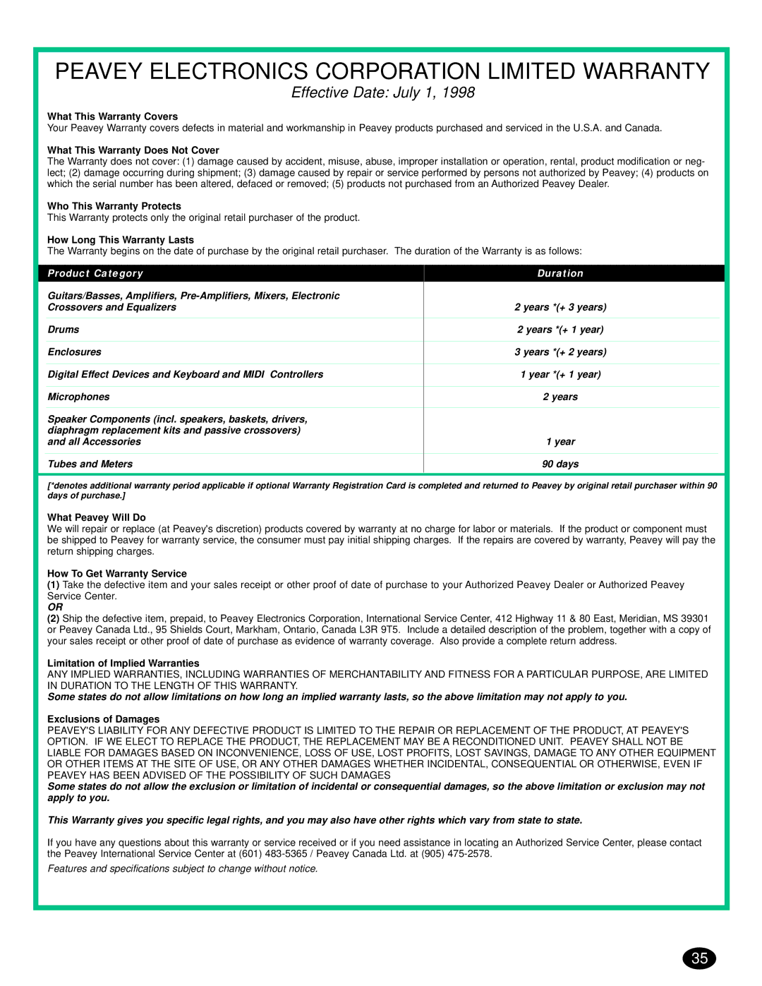 Peavey 80304543, CS 500S, CS 500A, CS 800S manual Peavey Electronics Corporation Limited Warranty 