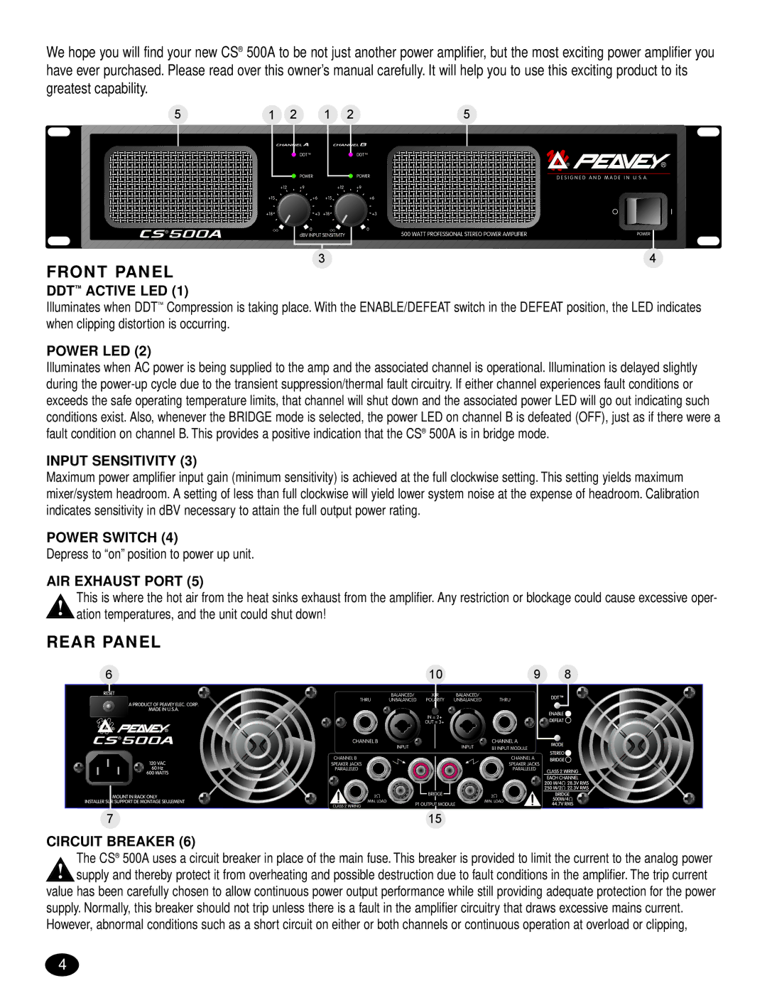 Peavey CS 500S, CS 500A manual DDT Active LED, Power LED, Input Sensitivity, Power Switch, AIR Exhaust Port, Circuit Breaker 