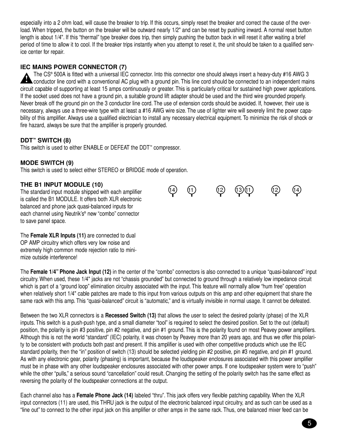 Peavey CS 500A, CS 500S, CS 800S, 80304543 manual IEC Mains Power Connector, DDT Switch, Mode Switch, B1 Input Module 