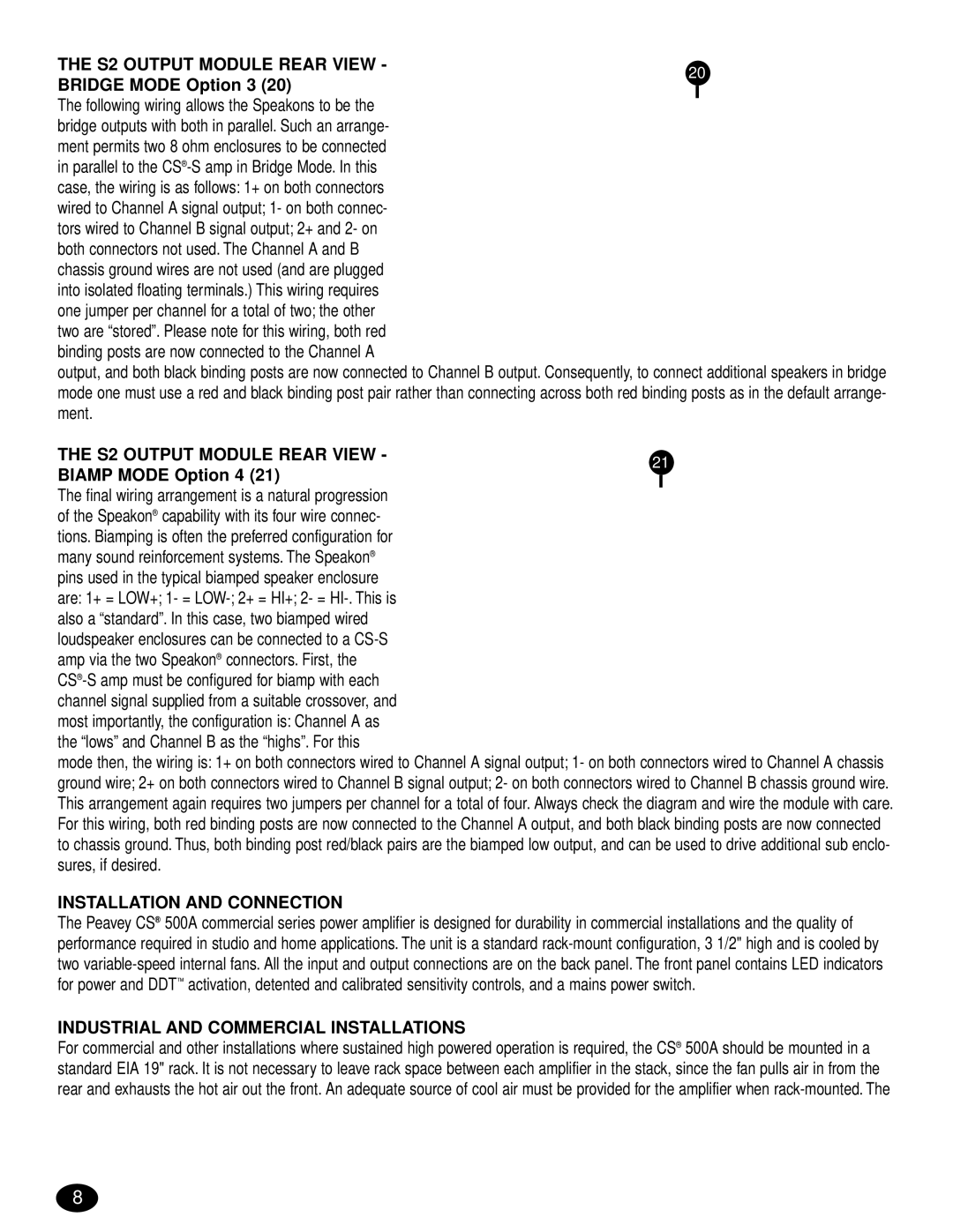 Peavey CS 500S, CS 500A S2 Output Module Rear View, Bridge Mode Option 3, Biamp Mode Option 4, Installation and Connection 