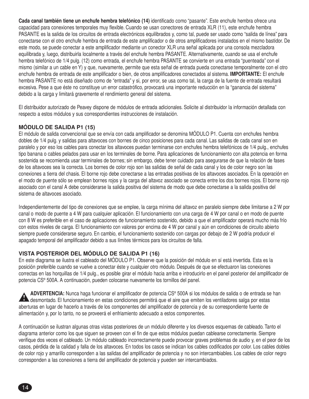 Peavey CS 800S, CS 500S, CS 500A, 80304543 manual VISTA POSTERIOR DEL MÓDULO DE SALIDA P1 