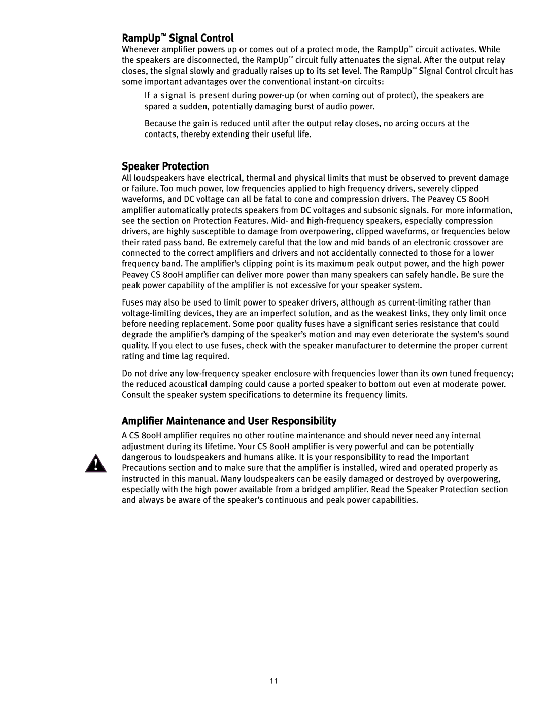 Peavey CS 800H manual RampUp Signal Control, Speaker Protection, Amplifier Maintenance and User Responsibility 
