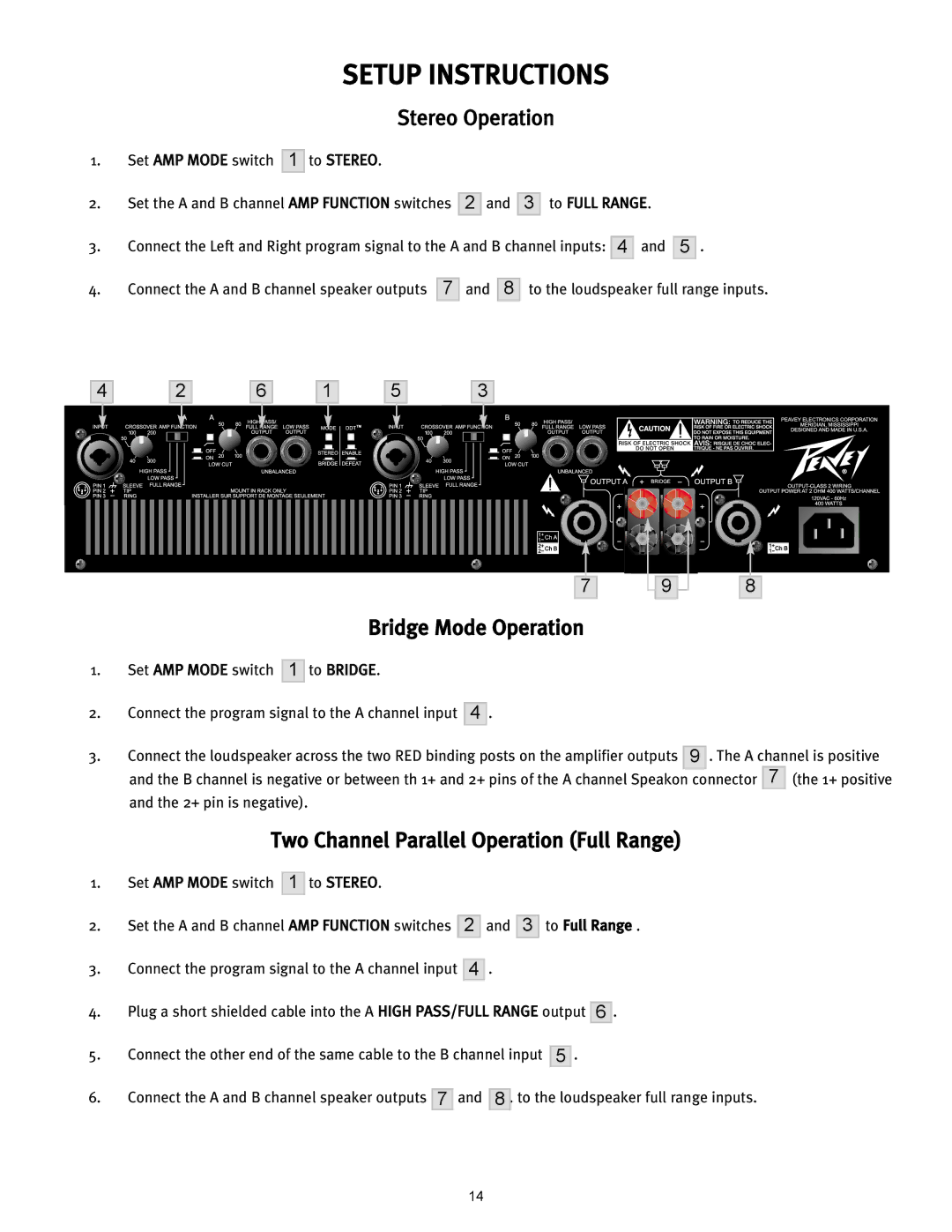 Peavey CS 800H manual Setup Instructions 