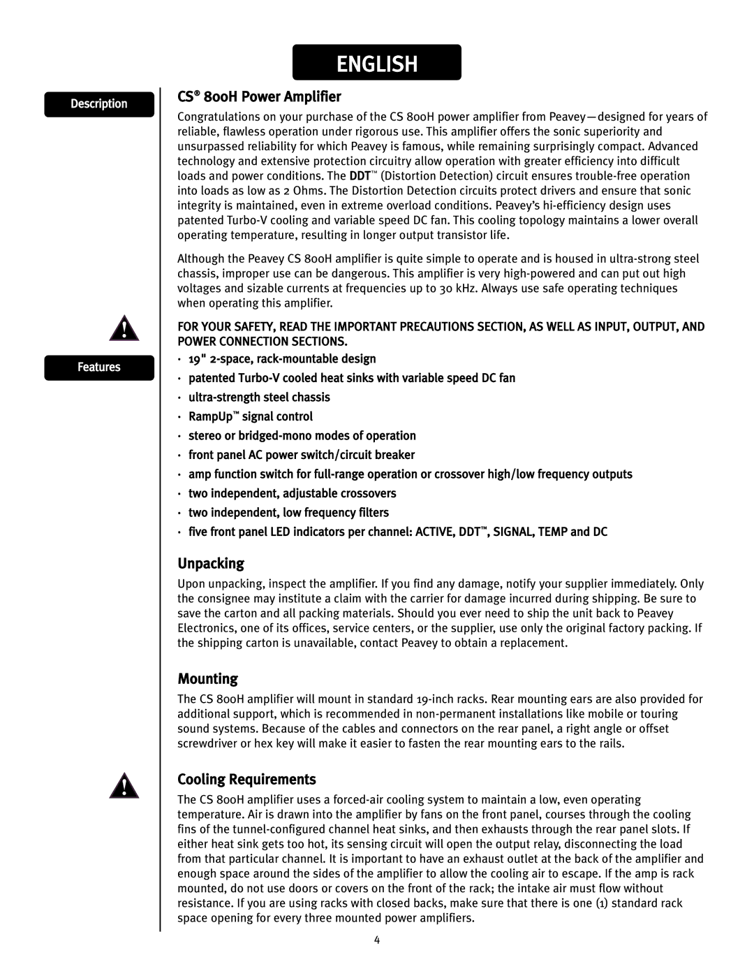 Peavey manual CS 800H Power Amplifier, Unpacking, Mounting, Cooling Requirements 