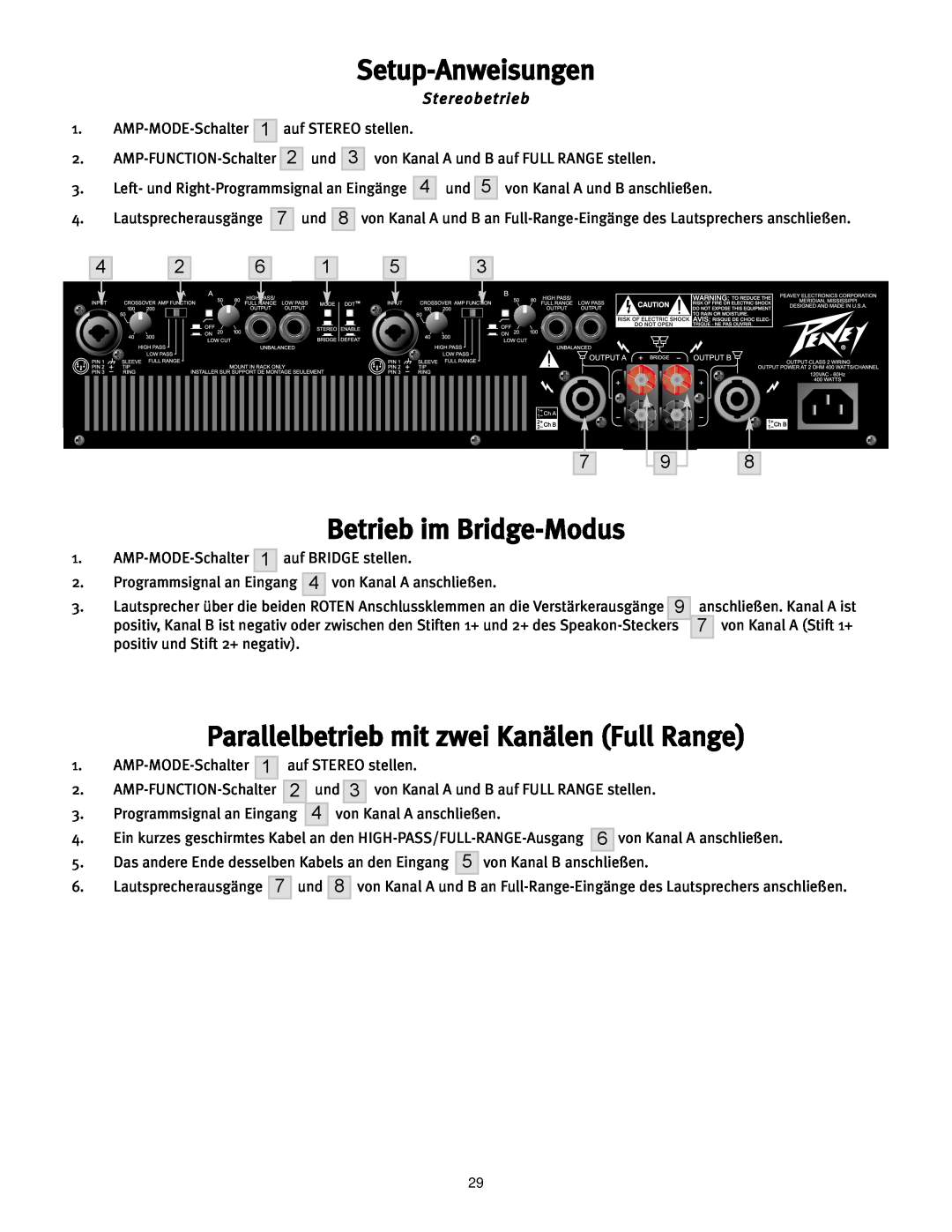 Peavey CS 800H manual Setup-Anweisungen, Betrieb im Bridge-Modus, Parallelbetrieb mit zwei Kanälen Full Range 