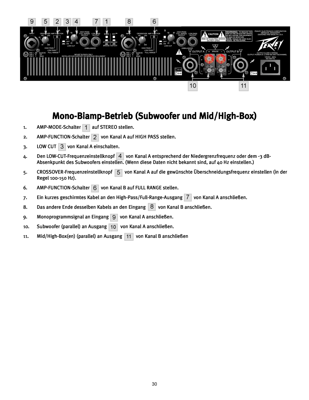 Peavey CS 800H manual Mono-Biamp-BetriebSubwoofer und Mid/High-Box 