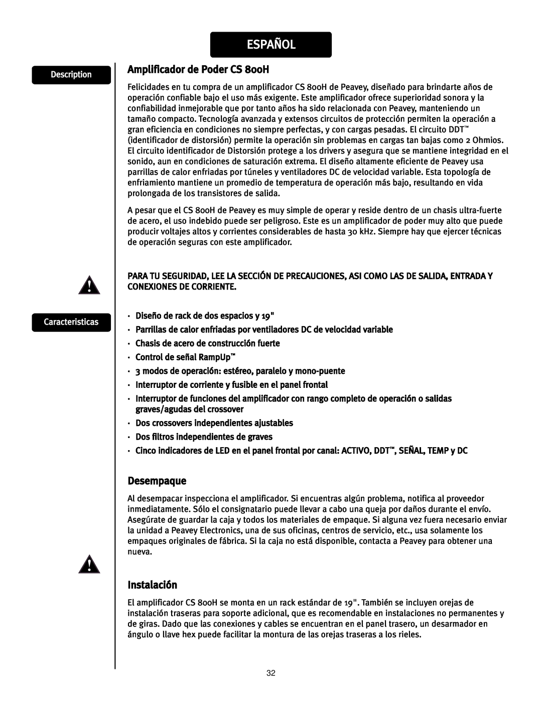 Peavey manual Amplificador de Poder CS 800H, Desempaque, Instalación, Description Caracteristicas, Español 