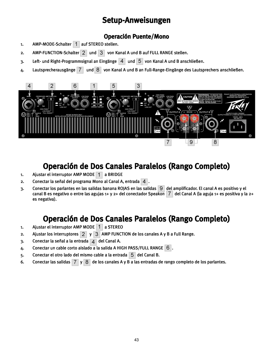 Peavey CS 800H manual Operación de Dos Canales Paralelos Rango Completo, Operación Puente/Mono, Setup-Anweisungen 