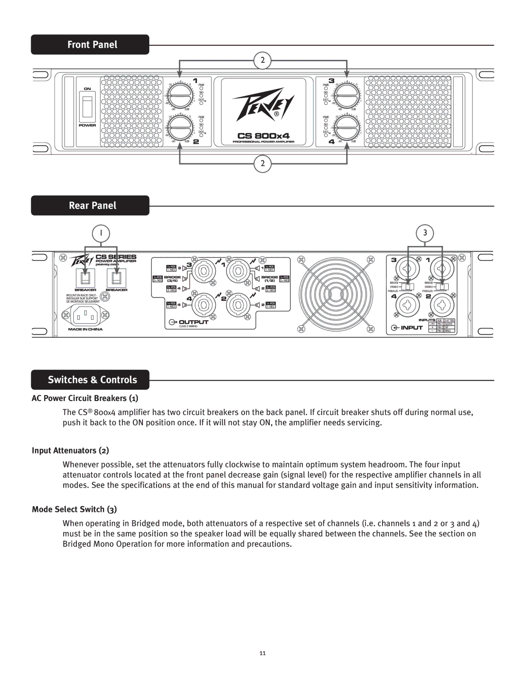 Peavey CS 800x4 owner manual Front Panel Rear Panel Switches & Controls, AC Power Circuit Breakers, Input Attenuators 