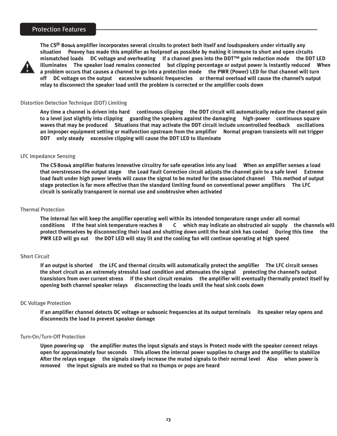 Peavey CS 800x4 owner manual Protection Features 