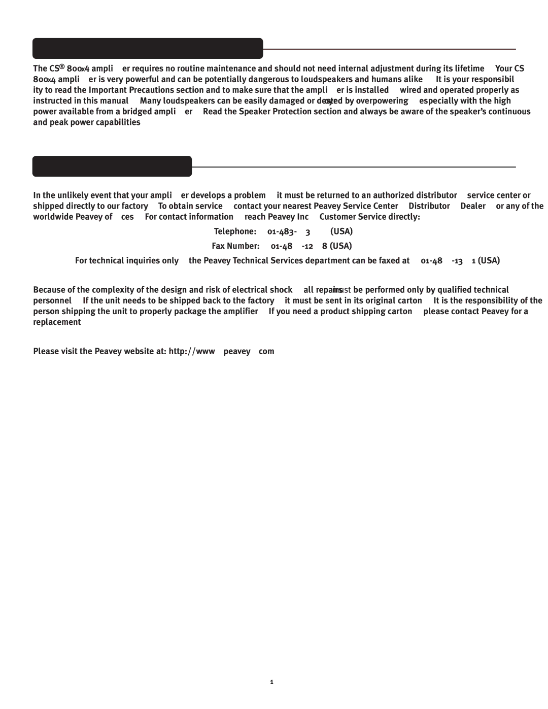 Peavey CS 800x4 owner manual Amplifier Maintenance and User Responsiblity, Service / Warranty Information 