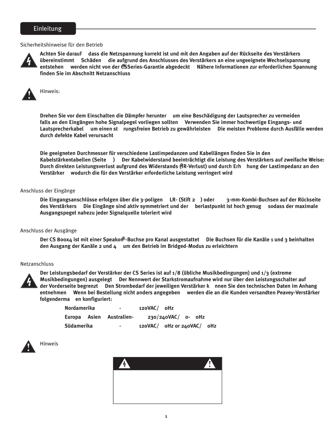Peavey CS 800x4 Einleitung, Sicherheitshinweise für den Betrieb, Anschluss der Eingänge, Anschluss der Ausgänge 