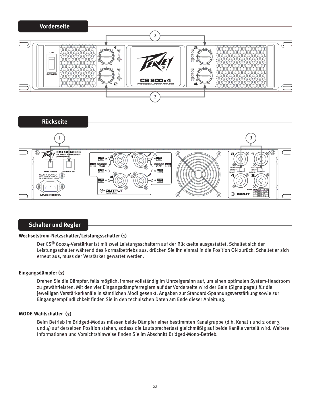 Peavey CS 800x4 Vorderseite Rückseite Schalter und Regler, Wechselstrom-Netzschalter/Leistungsschalter, Eingangsdämpfer 