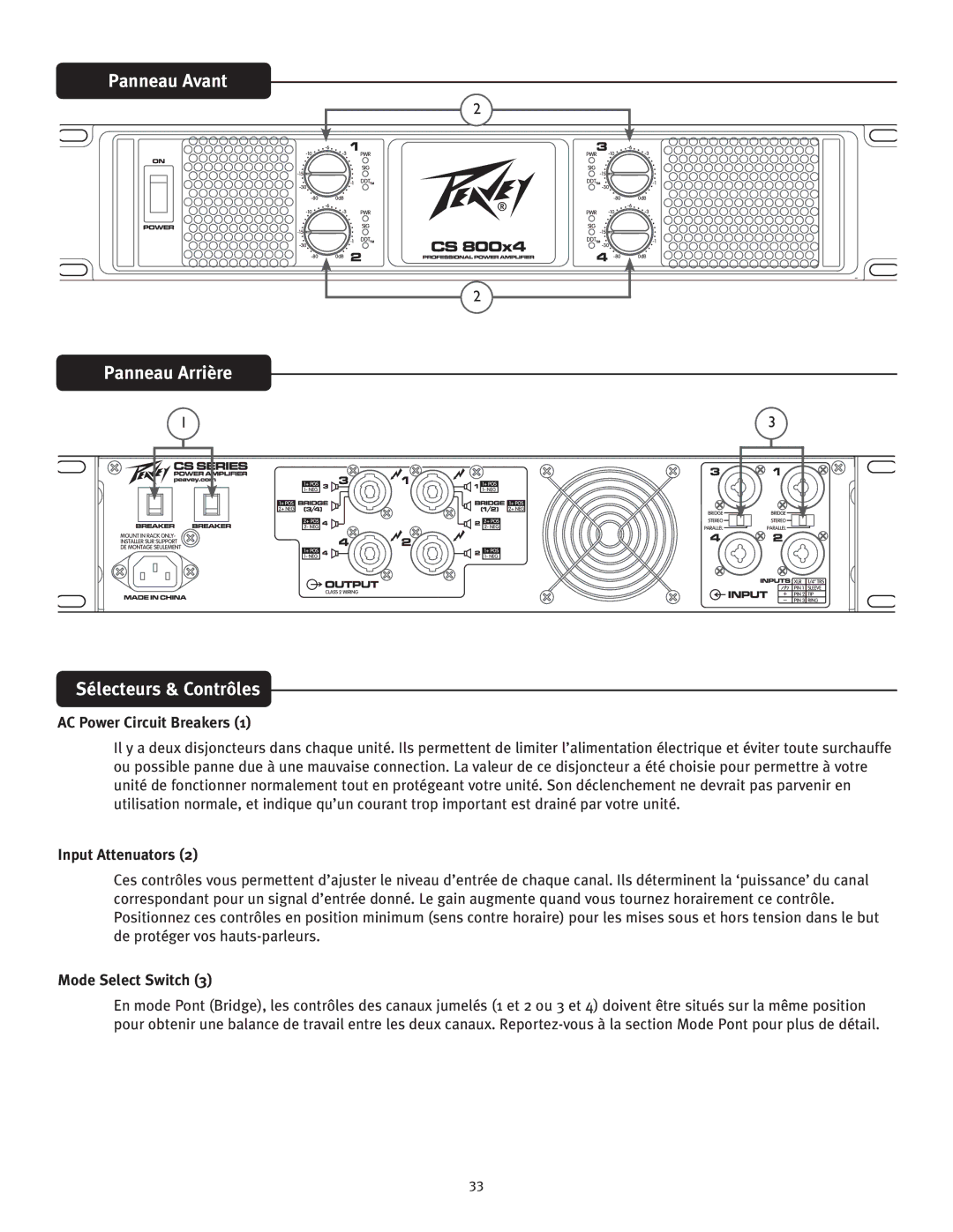 Peavey CS 800x4 owner manual Panneau Avant Panneau Arrière Sélecteurs & Contrôles, AC Power Circuit Breakers 