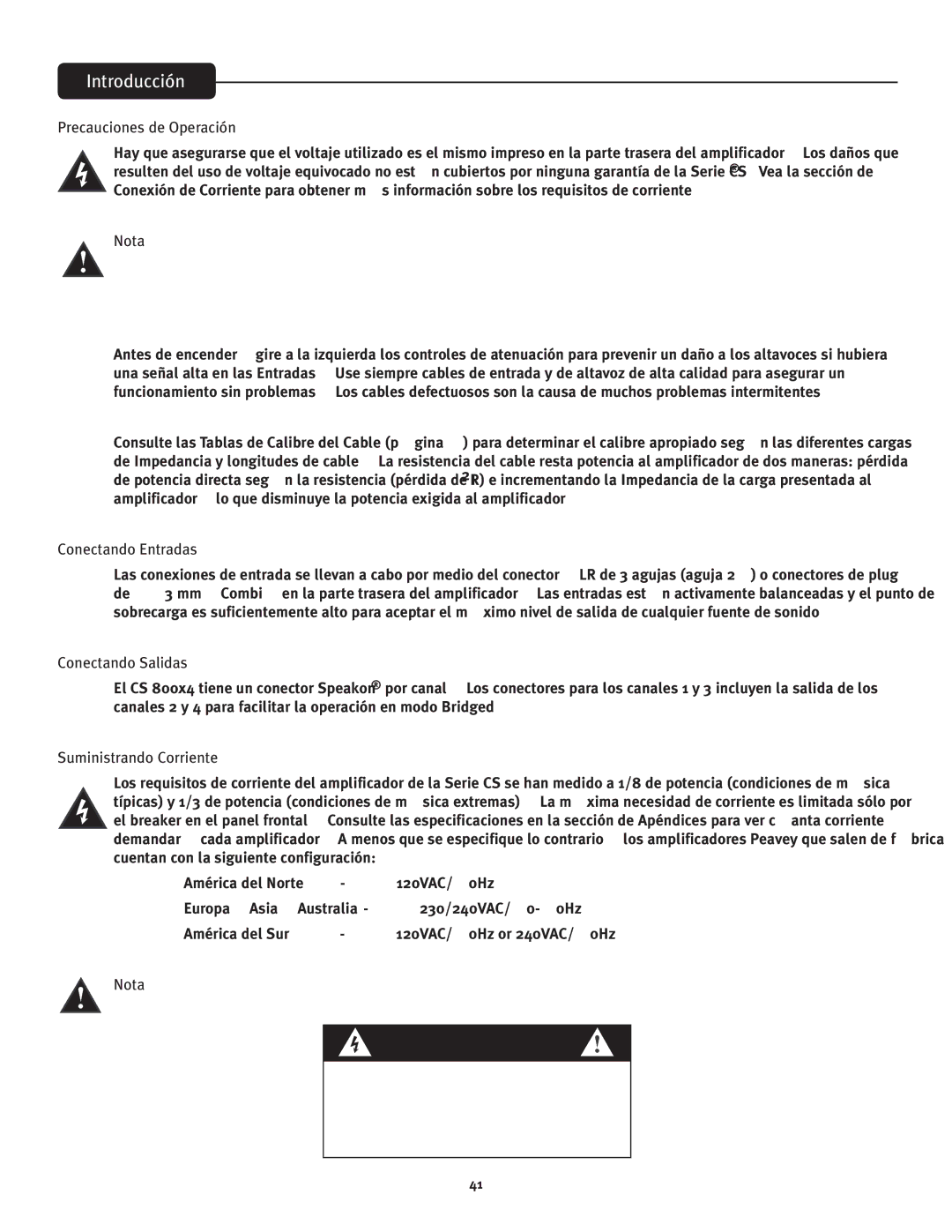 Peavey CS 800x4 Introducción, Precauciones de Operación, Conectando Entradas, Conectando Salidas, Suministrando Corriente 