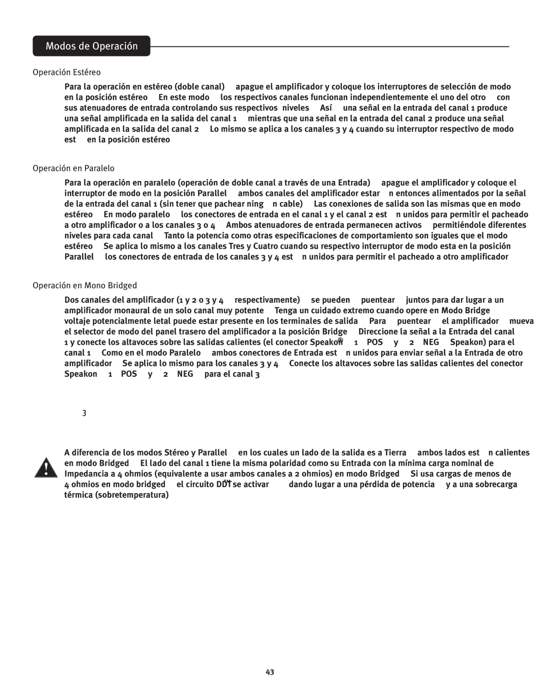 Peavey CS 800x4 owner manual Modos de Operación, Operación Estéreo, Operación en Paralelo, Operación en Mono Bridged 