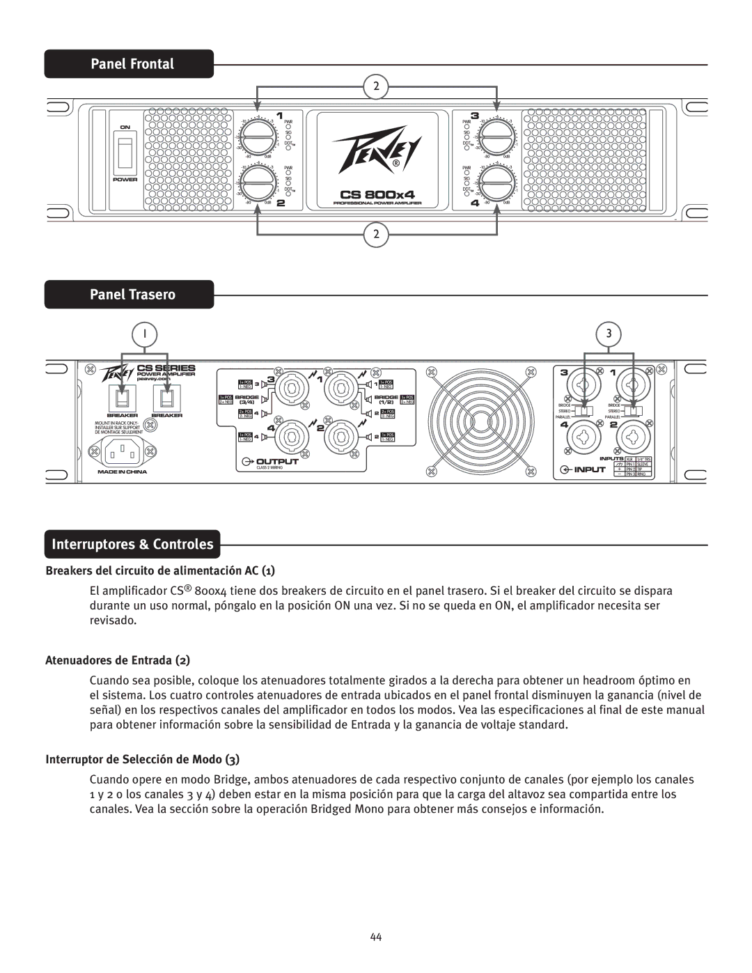 Peavey CS 800x4 Panel Frontal Panel Trasero Interruptores & Controles, Breakers del circuito de alimentación AC 