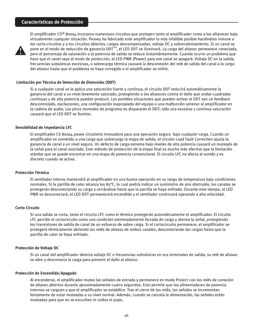 Peavey CS 800x4 owner manual Características de Protección 